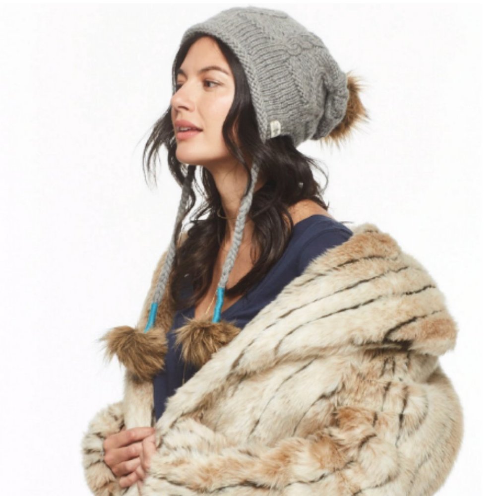 HM Nepalese DARK GREY Merino Faux Pom Slouch Hat